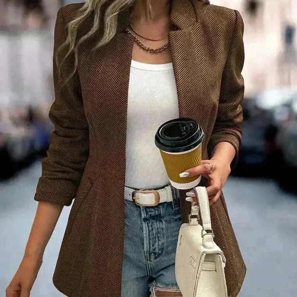 Coffee Brown Casual Women's Herringbone Pattern Long Sleeve Overcoat - Picture 5 of 7